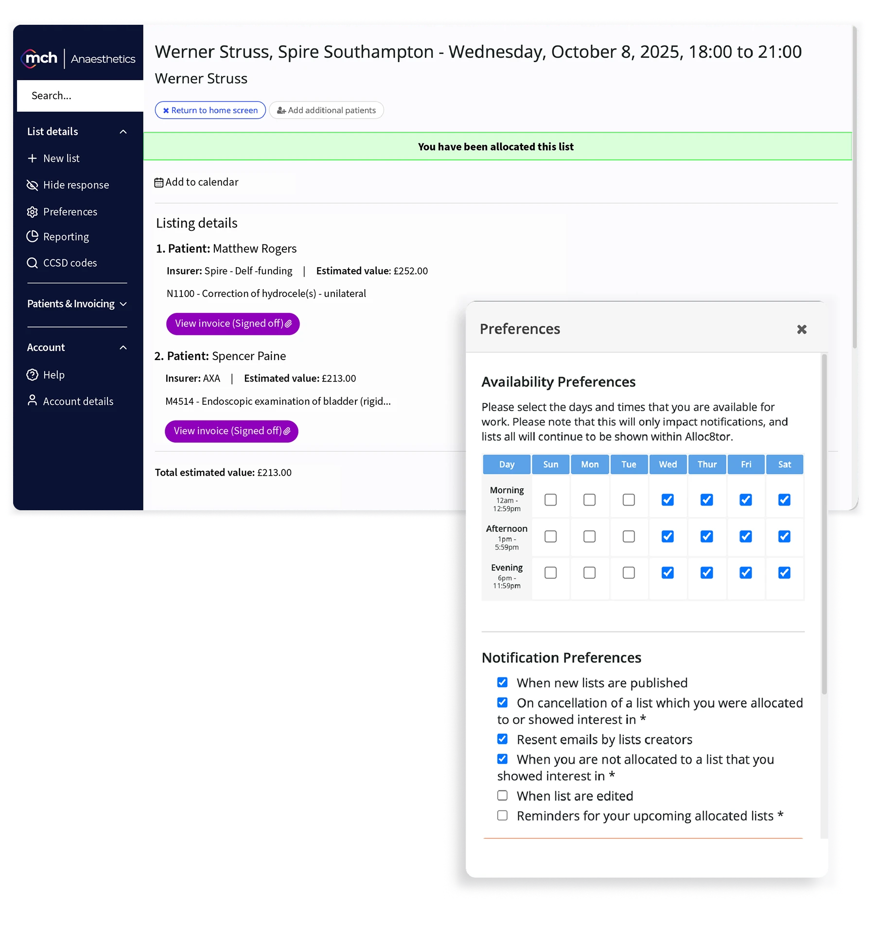 Medical scheduling interface showing patient lists with details and estimated costs, alongside a pop-up preferences panel for selecting work availability days and times, and notification preferences.