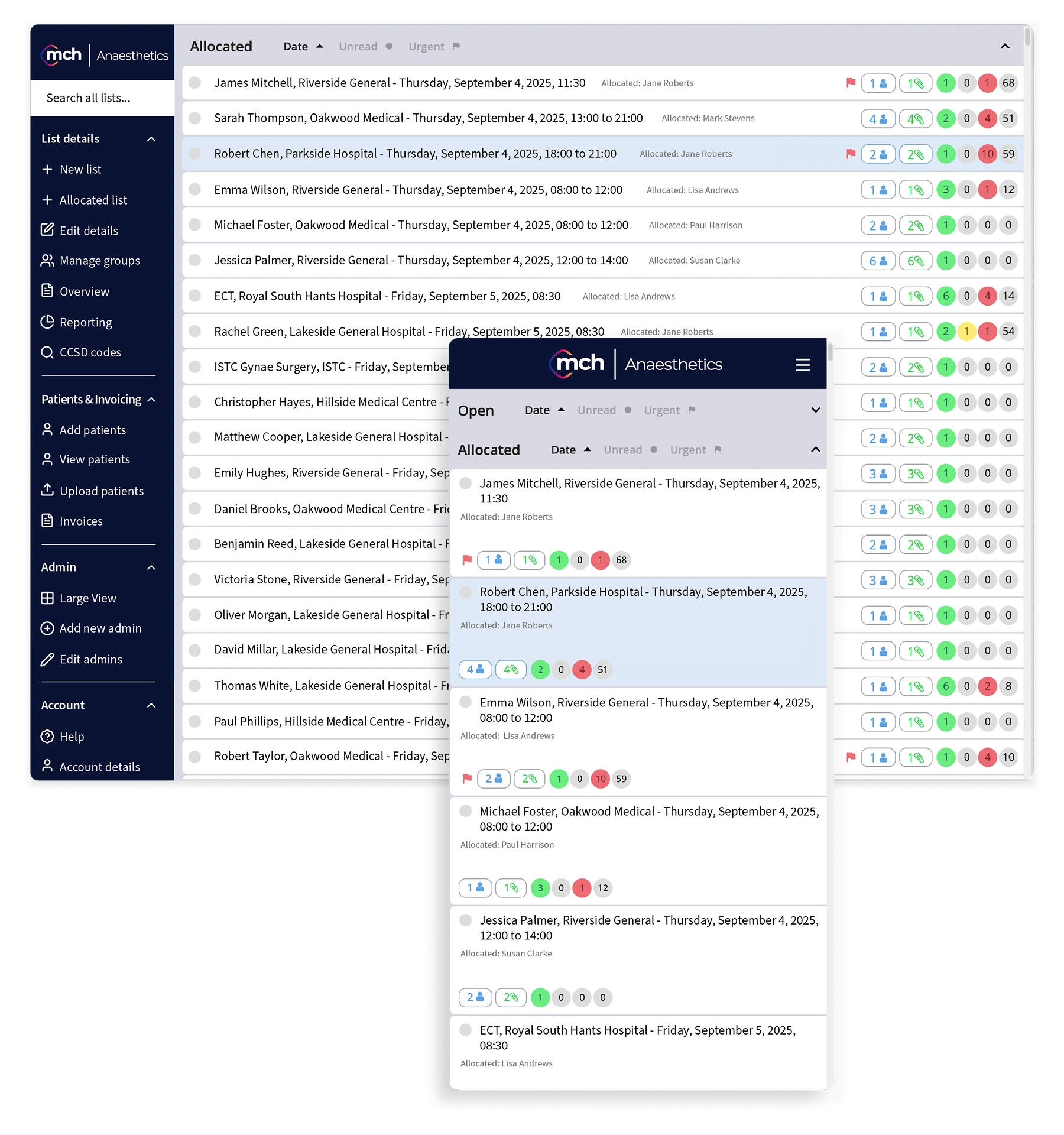 MCH Anaesthetics scheduling interface showing allocated patient lists with dates, times, locations, and assigned staff.