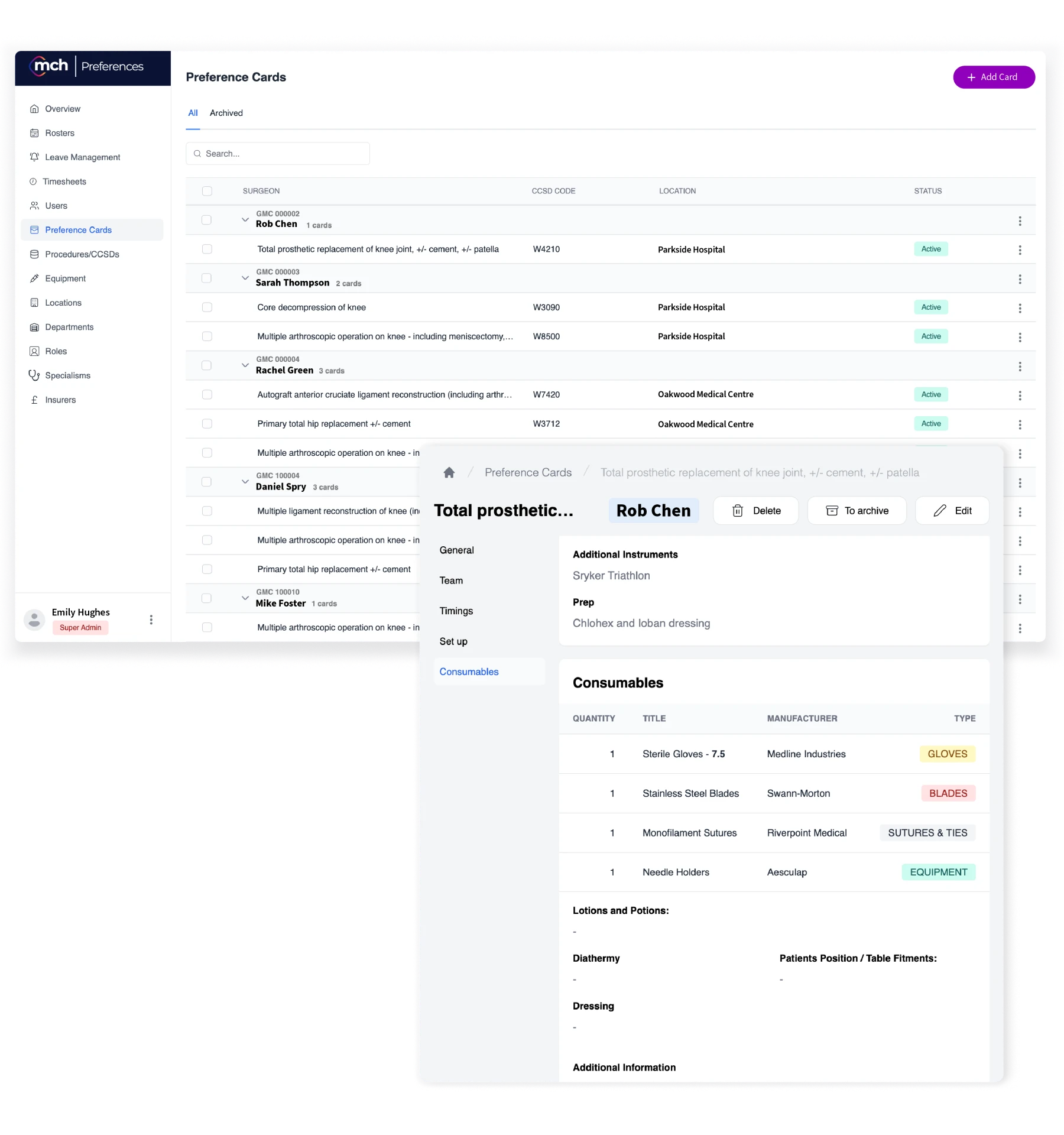 User interface of a medical preference card system showing a list of surgeons with their procedures, locations, and status, and a detailed view of consumables for Rob Chen's total prosthetic knee replacement.