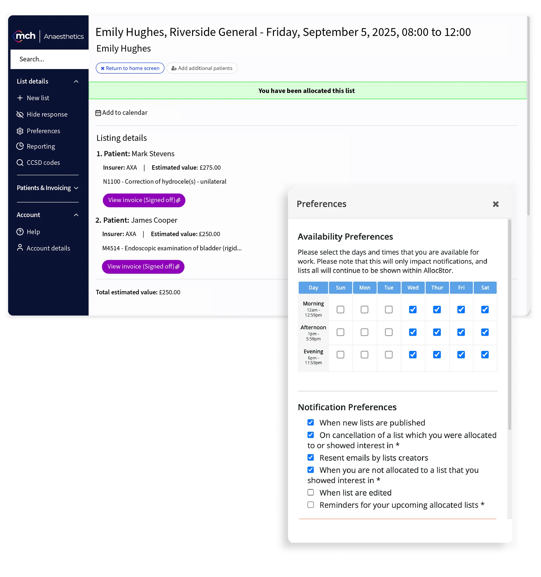 Medical scheduling interface showing patient lists with details and estimated costs, alongside a pop-up preferences panel for selecting work availability days and times, and notification preferences.