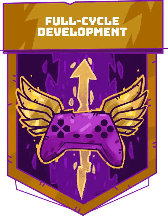 Banner with text ‘Full-Cycle Development’ above a purple game controller with golden wings and a vertical gold arrow behind it.