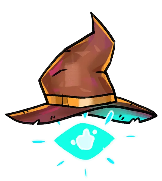 Illustration of a brown wizard hat hovering above a glowing blue eye symbol with light rays.