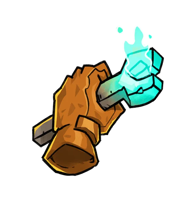 Cartoon-style hand wearing a brown glove holding a gray staff with a glowing blue flame on top.