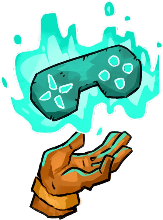Illustration of a hand reaching up towards a glowing, stylized video game controller surrounded by blue flames.