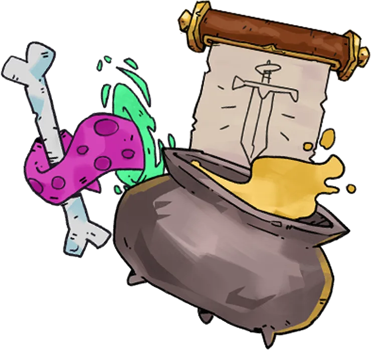 Cartoon cauldron with green and purple slime, a bone sticking out, and a scroll showing a sword illustration.