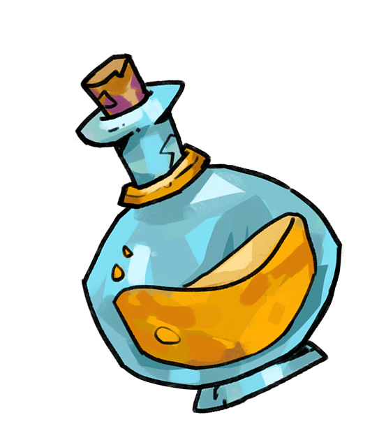 Blue glass potion bottle with a cork stopper and an orange liquid inside.