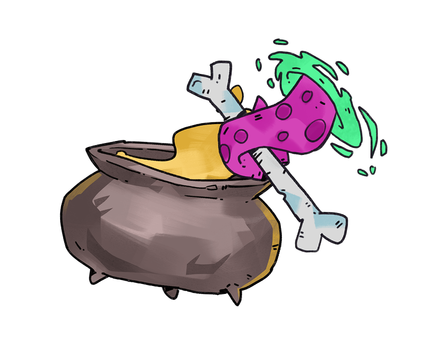 Cartoon cauldron with yellow liquid, a large bone, and a purple cloth with green magical sparkles.