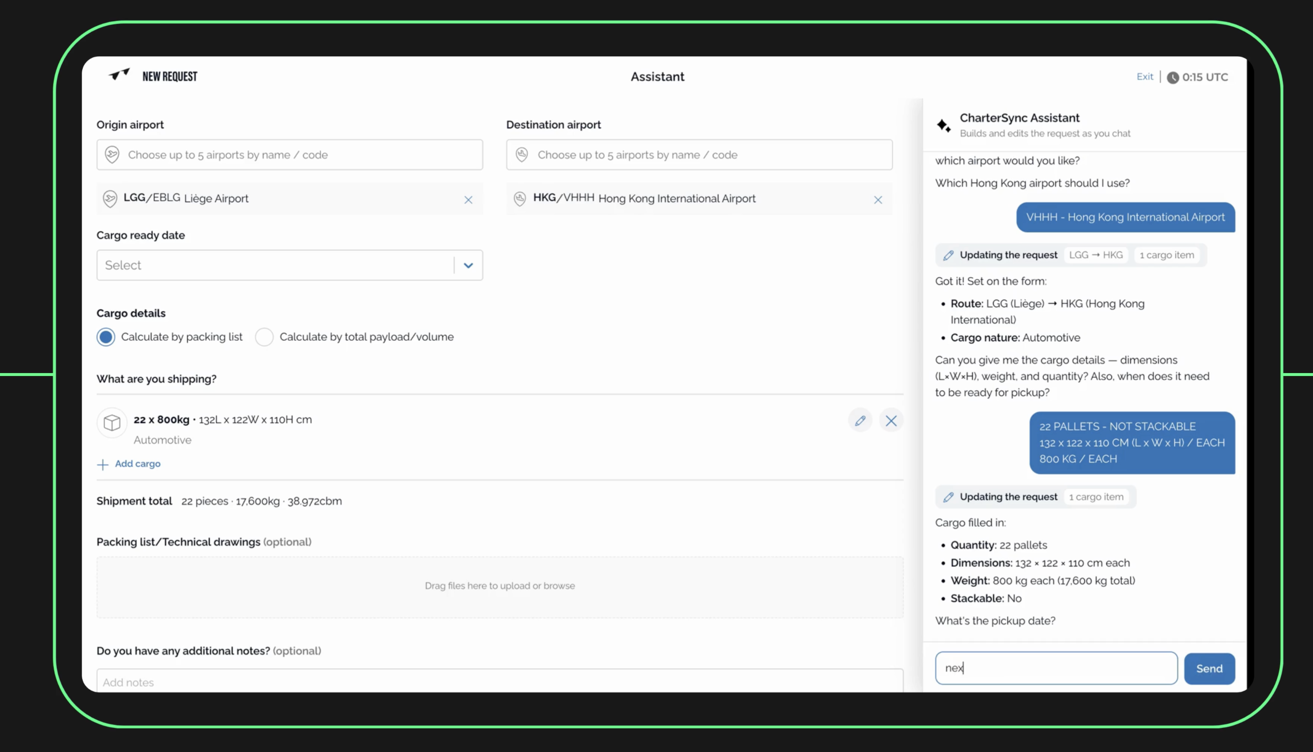 CharterSync conversational AI assistant capturing route and cargo details for a charter request