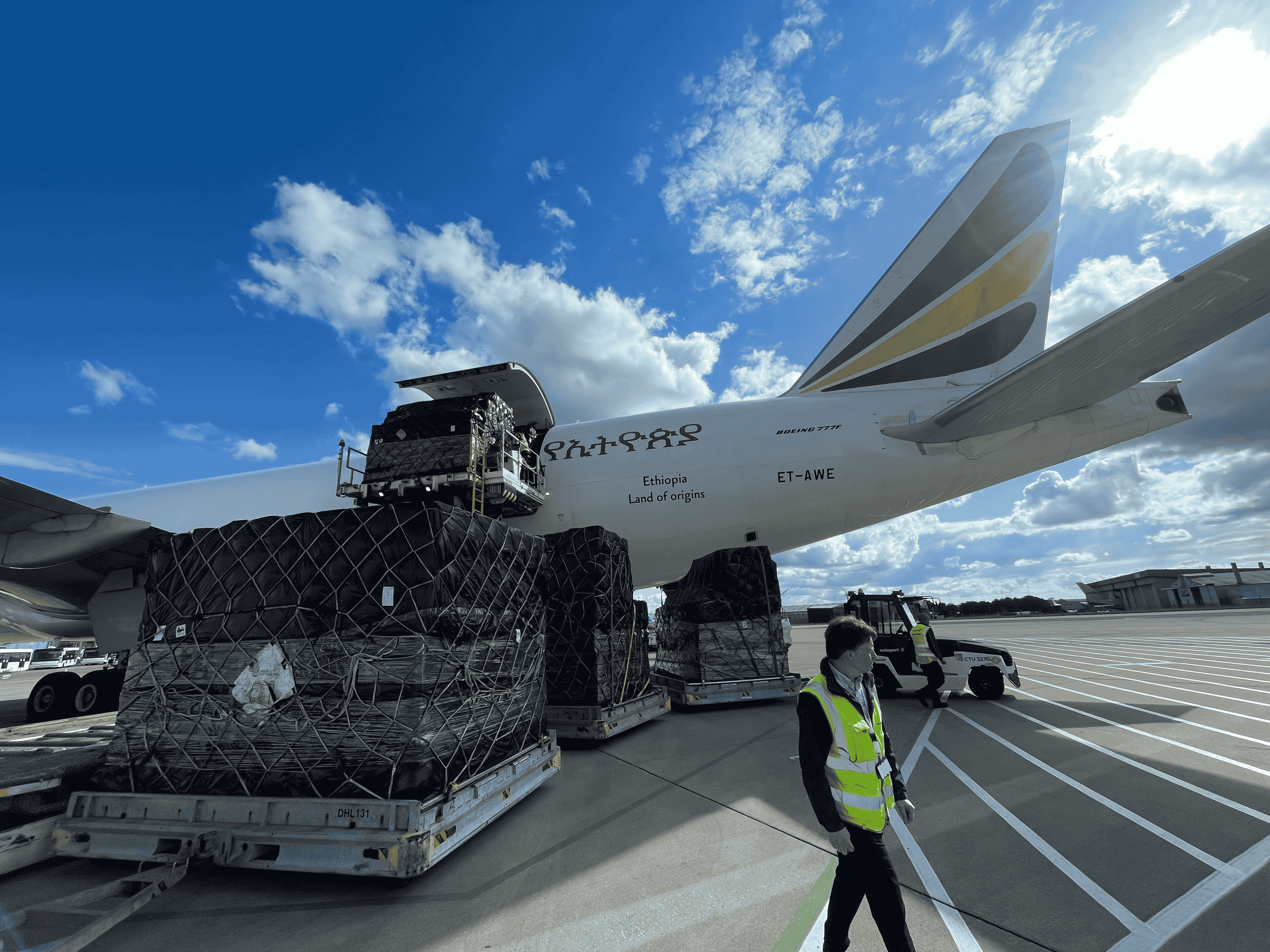Ethiopian freighter being loaded on the apron by CharterSync operations