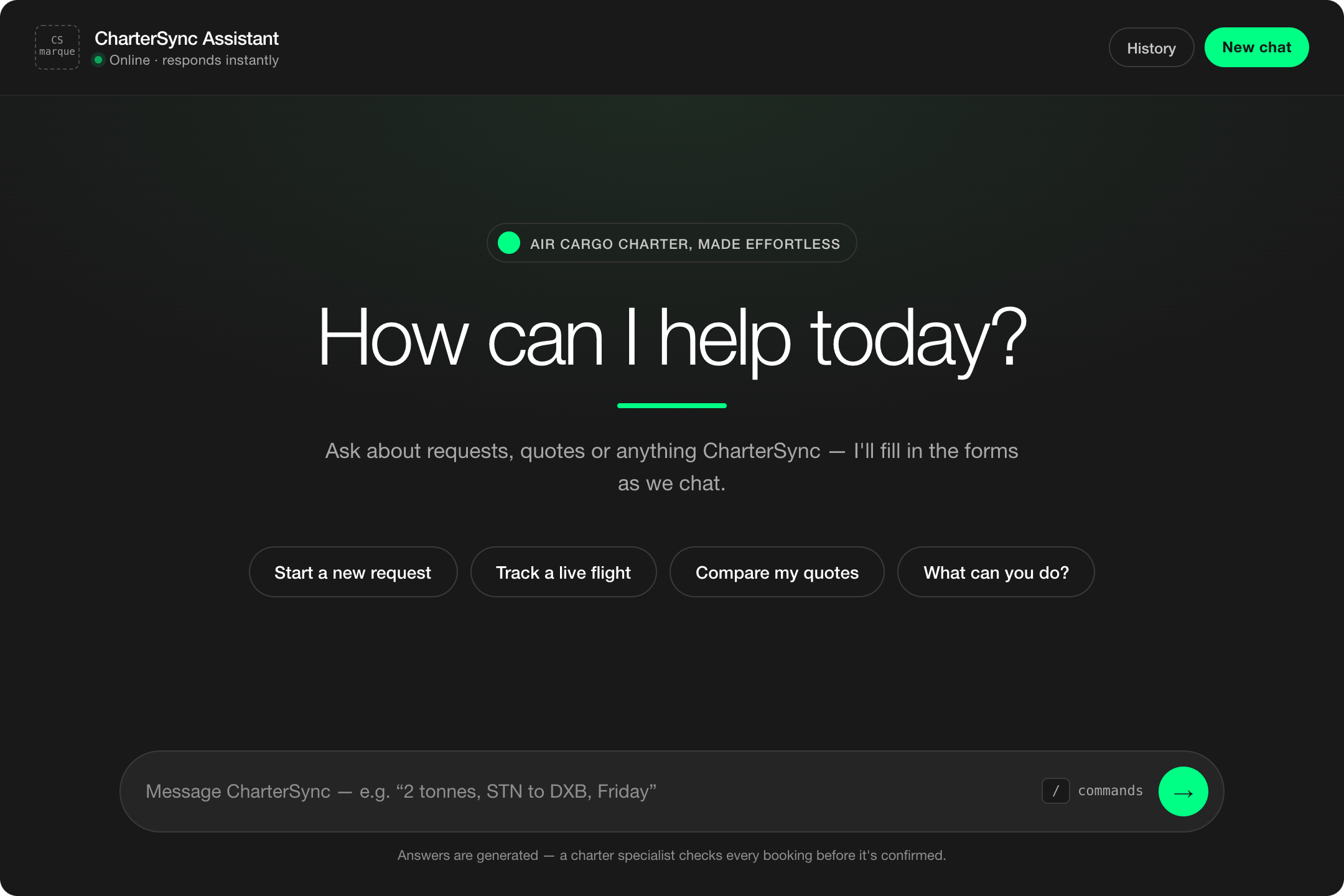 CharterSync Assistant dark-theme interface with a How can I help today prompt and quick actions to start a request, track a live flight, compare quotes, or ask what it can do