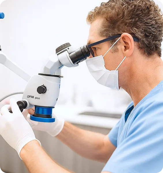 Medical professional wearing mask and gloves looking through a microscope in a clinical setting.