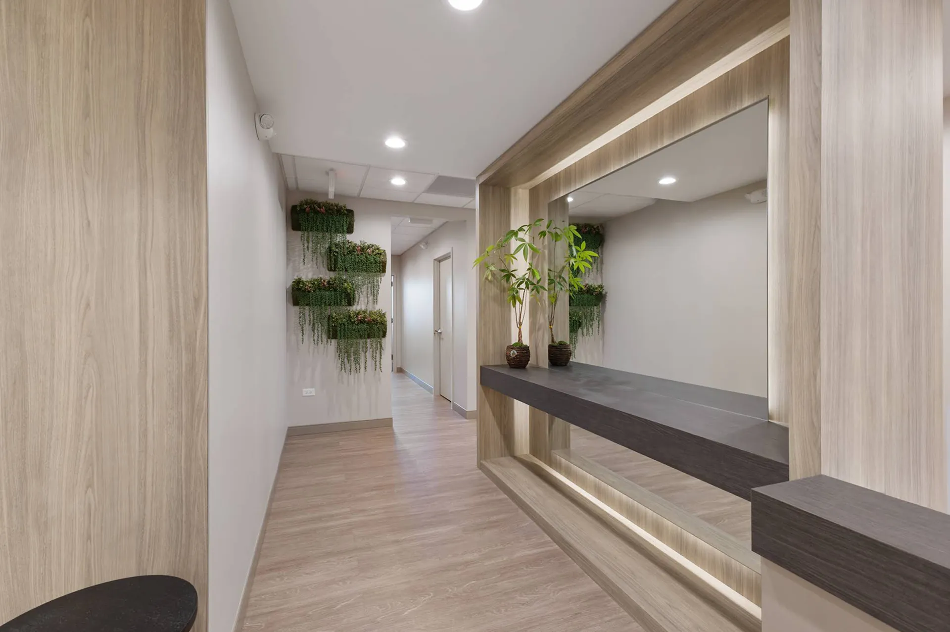 Modern minimalist hallway with wooden flooring, wall-mounted green plants, a large mirror, and a small potted plant on a dark shelf.