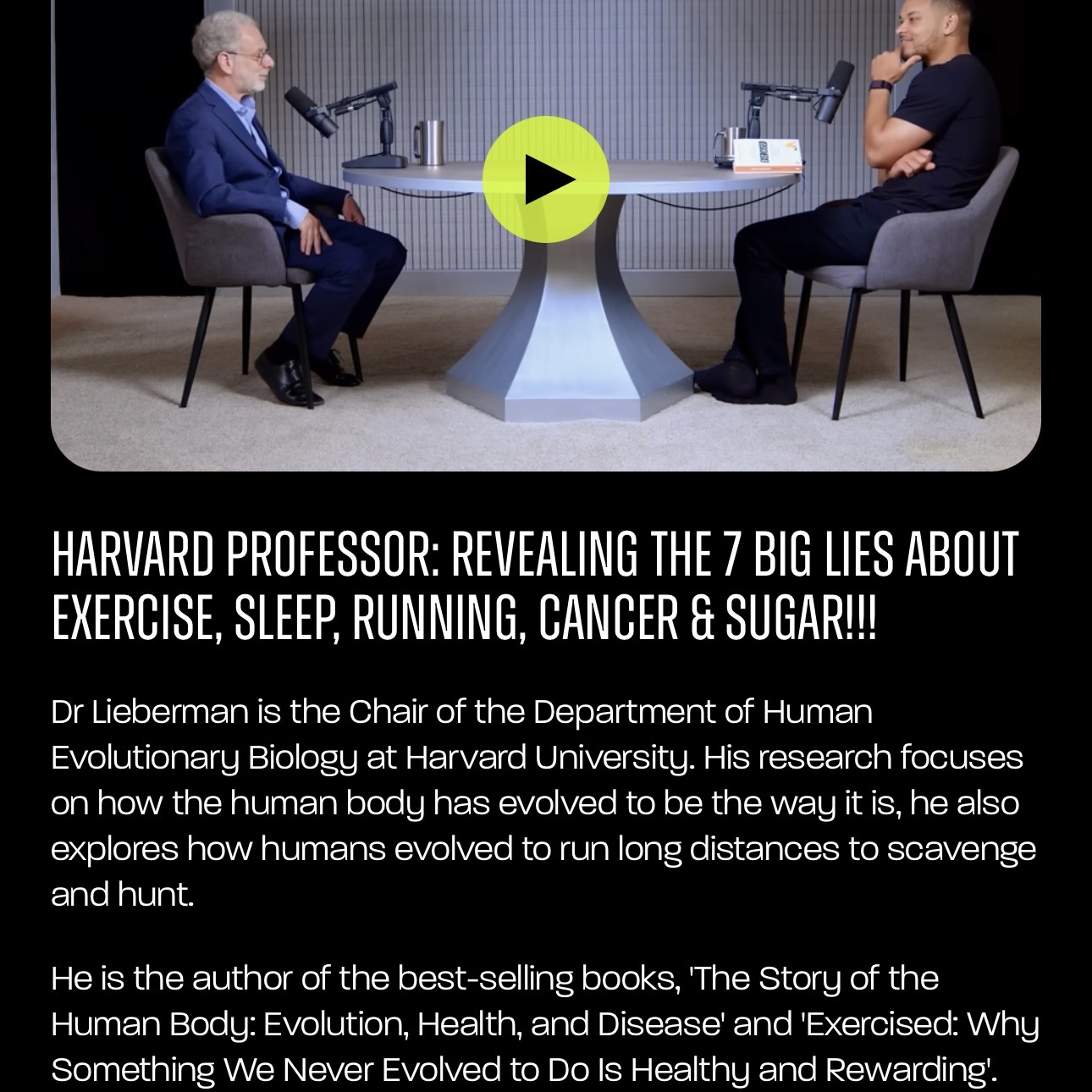 Dokter Daniel Lieberman zit met Steve Bartlett klaar voor een episode van het dagboek van een ceo over de evolutie van beweging