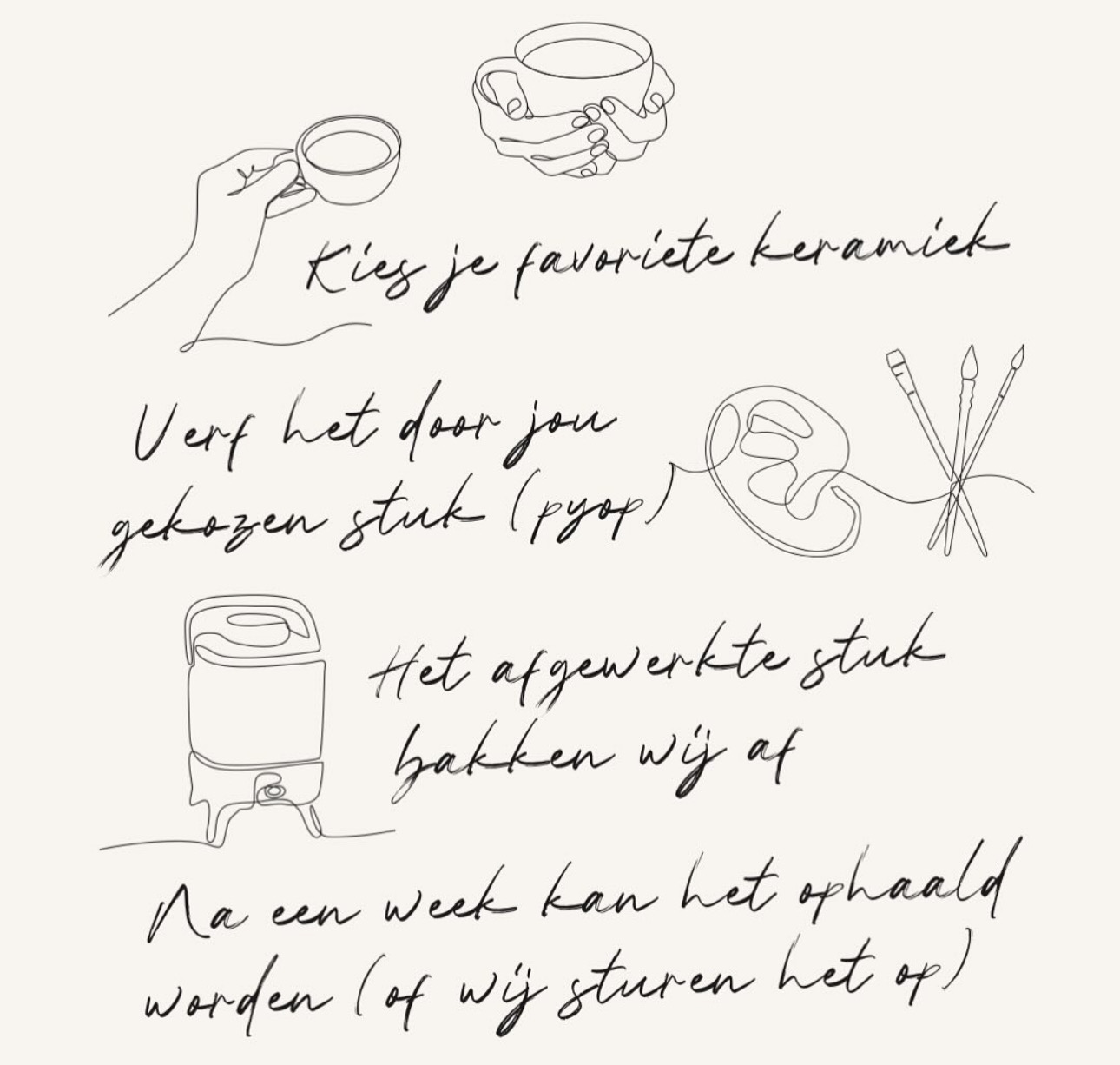 kies je favoriete keramiek, verf het door jou gekozen stuk, wij bakken het af, na een week kom je het ophalen