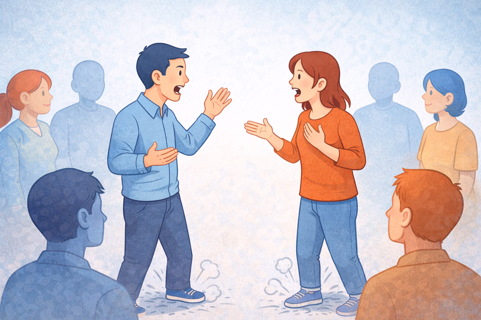 Getekende man en vrouw staan tegenover elkaar en praten druk, omringd door zes andere getekende personen