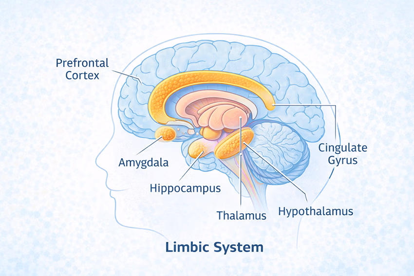 Schematische weergave van het limbisch systeem in de hersenen