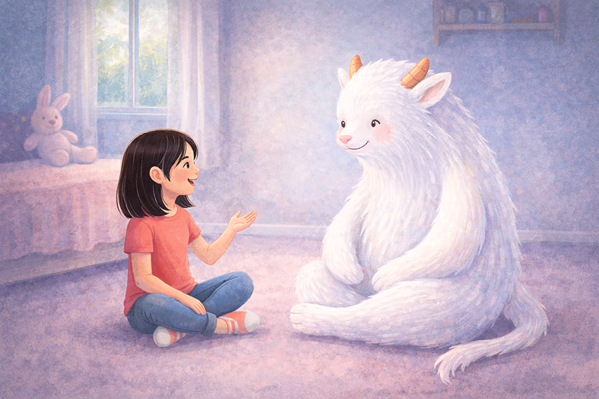 Lachend meisje zit op de grond in een kinderkamer en praat met een groot wit fantasiedier