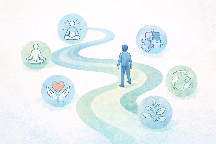 Getekende man loopt over kronkelende weg langs zes bolletjes met symbolen, waaronder meditatiehouding, blad, pijlen, handen met hart en puzzelstukjes