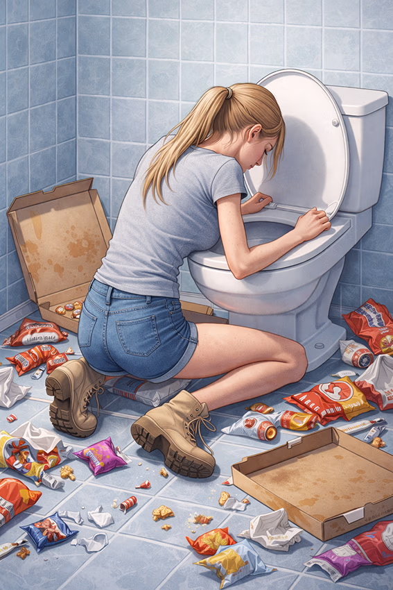 Vrouw knielt voor toilet met kruimels en lege chipszakken verspreid over de vloer