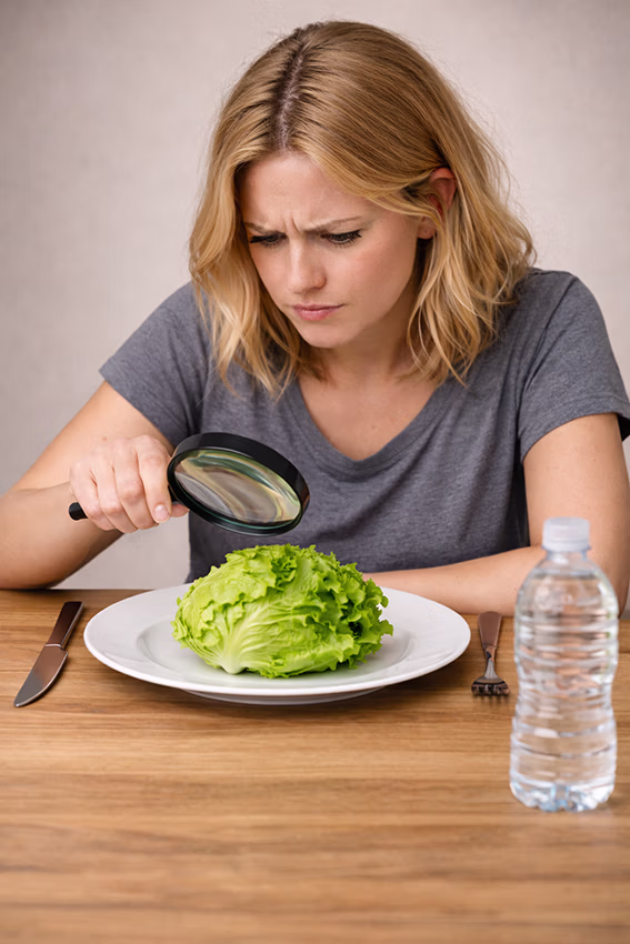 Vrouw zit aan tafel en kijkt met vergrootglas naar groen eten op haar bord