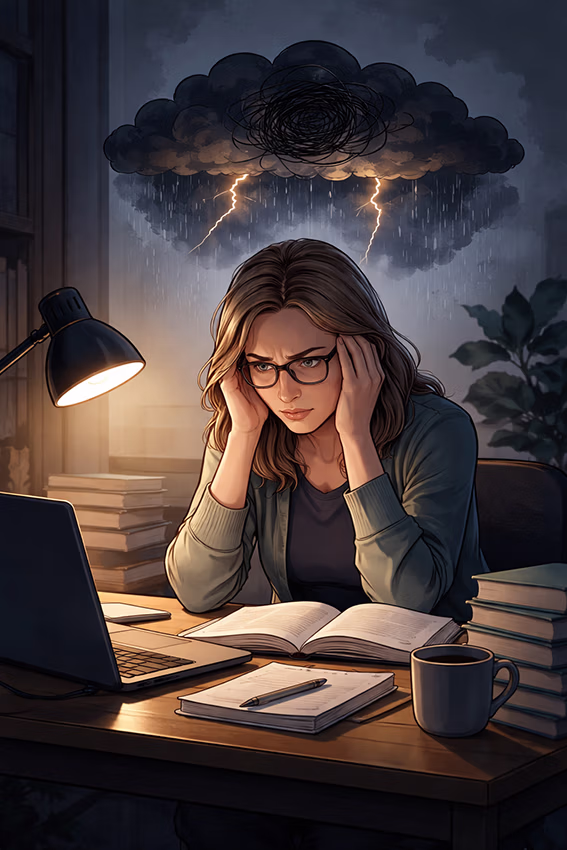 Vrouw zit achter laptop met handen tegen haar hoofd, met donkere wolk en lichtflitsen erboven