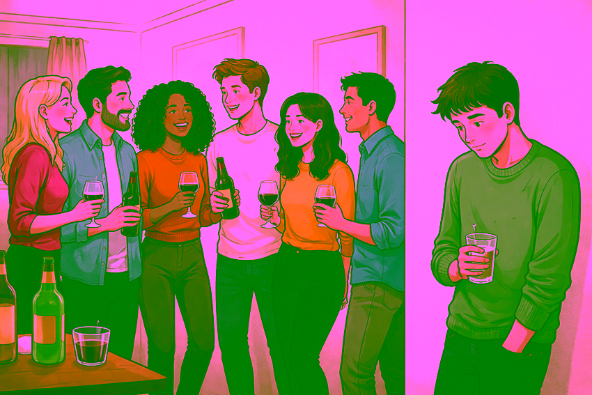 Groepje lachende mensen met drankjes in de hand, terwijl een man apart staat en naar de grond kijkt