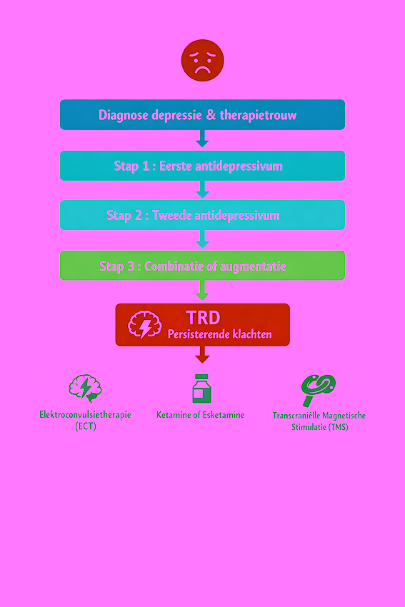 Schematisch overzicht van de stapsgewijze behandeling van therapieresistente depressie met antidepressiva, combinatiebehandeling en neurostimulatie