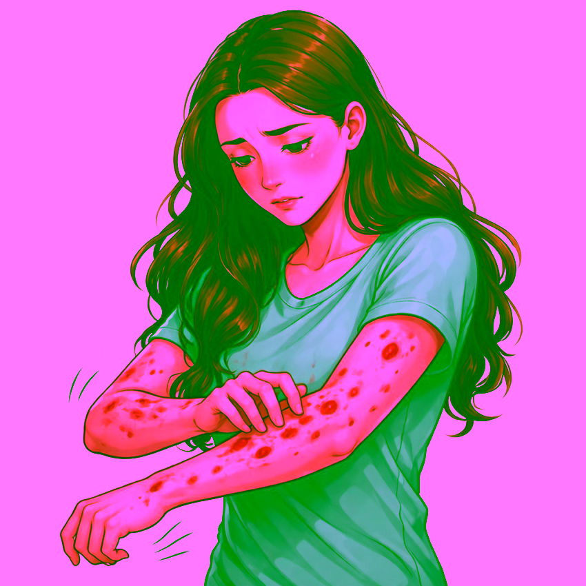 Meisje met wondjes op beide armen, krapt aan een arm