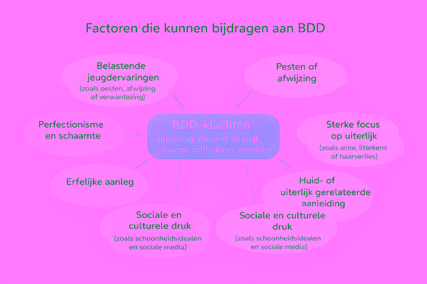 Schema van factoren die kunnen bijdragen aan body dysmorphic disorder (BDD), met in het midden ‘BDD-klachten’ en daaromheen onder meer belastende jeugdervaringen, perfectionisme, erfelijke aanleg, sociale druk, focus op uiterlijk en pesten of afwijzing