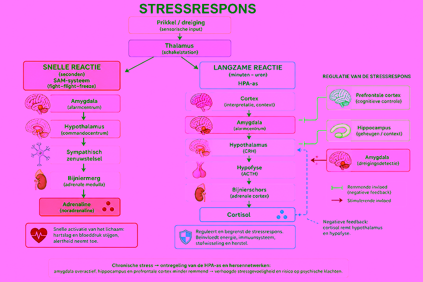 Schema van de stressrespons: sensorische prikkel via thalamus naar amygdala, met een snelle SAM-reactie (adrenaline) en een langzamere HPA-as (cortisol), gereguleerd door hippocampus en prefrontale cortex.