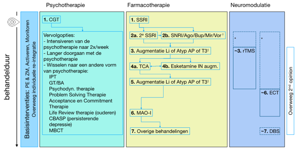 Schematische weergave van behandelstappen bij matig ernstig en ernstige depressie