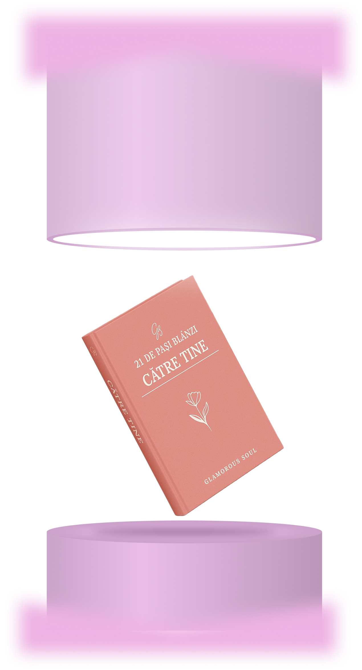 Pink book titled '21 de pași blânzi către tine' with a flower illustration, floating between two purple cylindrical platforms.