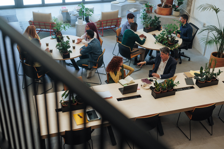 Office space with multiple people working and discussing at desks adorned with potted plants.