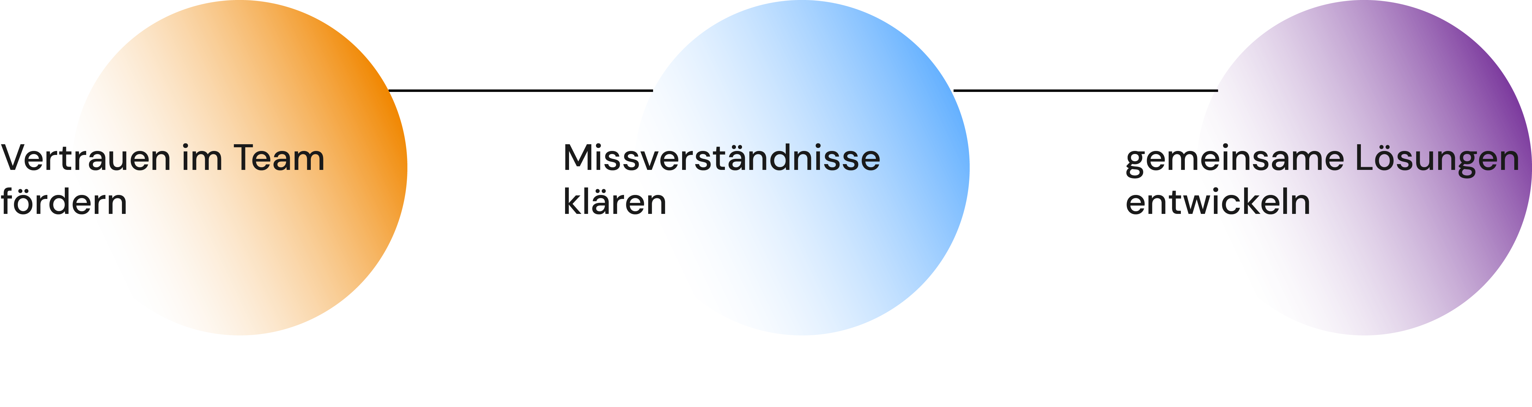 Three colored circles with texts: fostering team trust, clarifying misunderstandings, and developing solutions together.