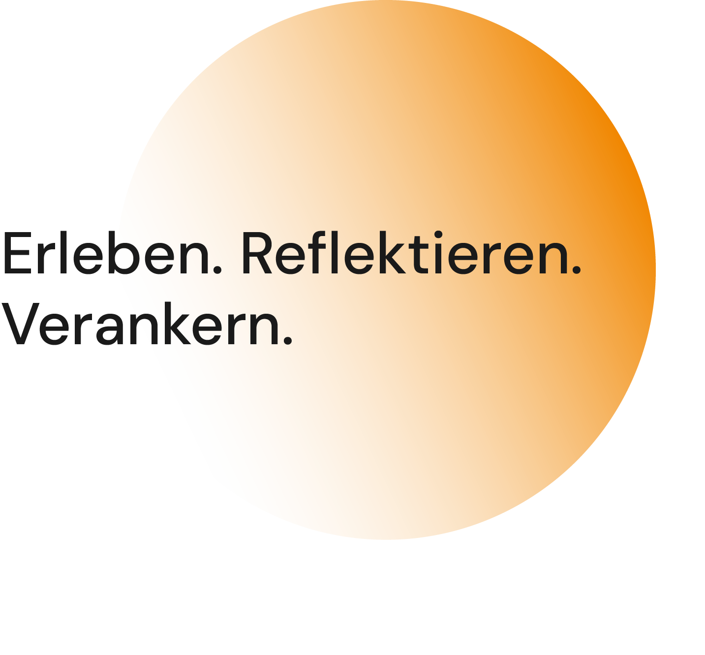 Three German words in black text over an orange circle: Erleben. Reflektieren. Verankern.