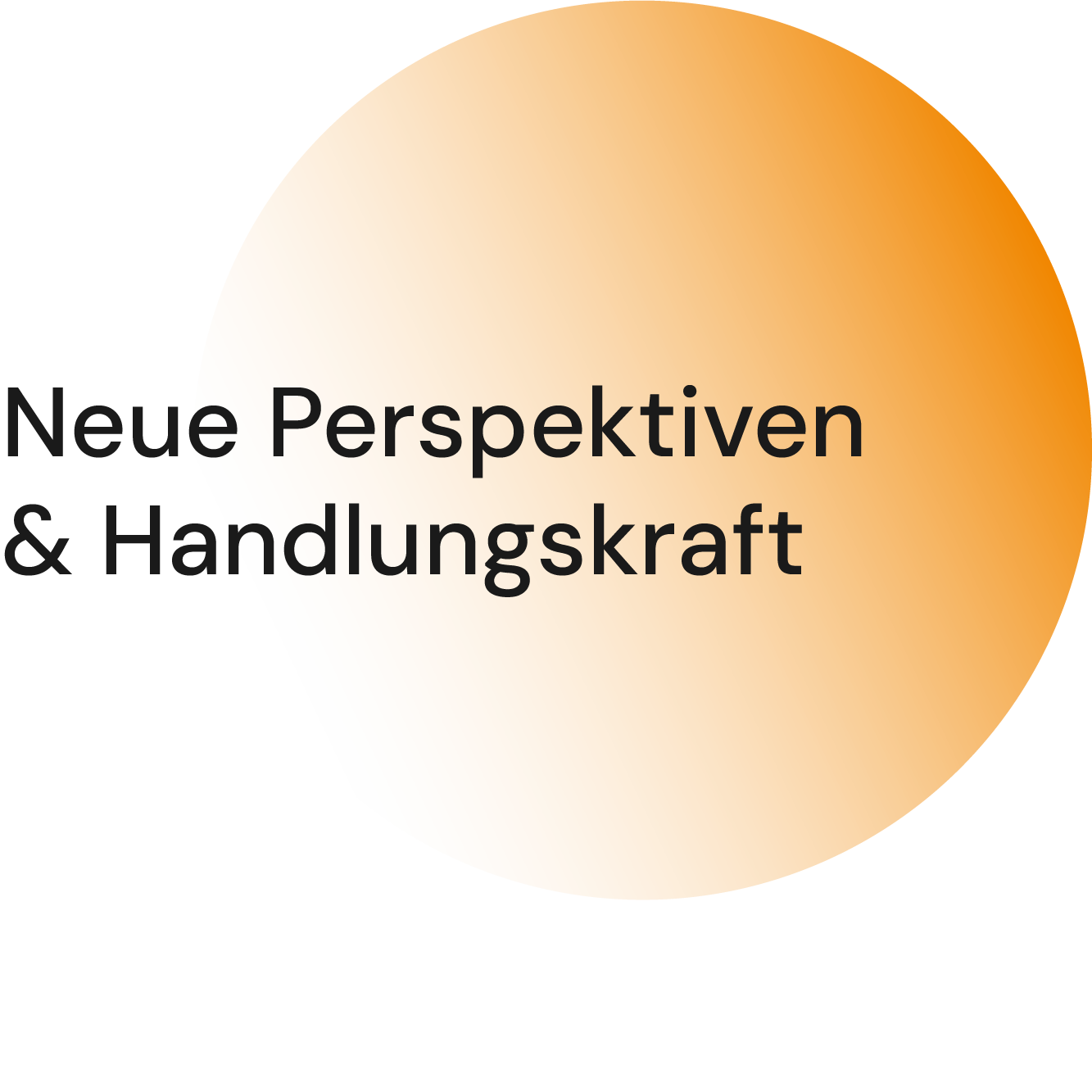 Orange circular shape with the German text Neue Perspektiven & Handlungskraft in black letters.