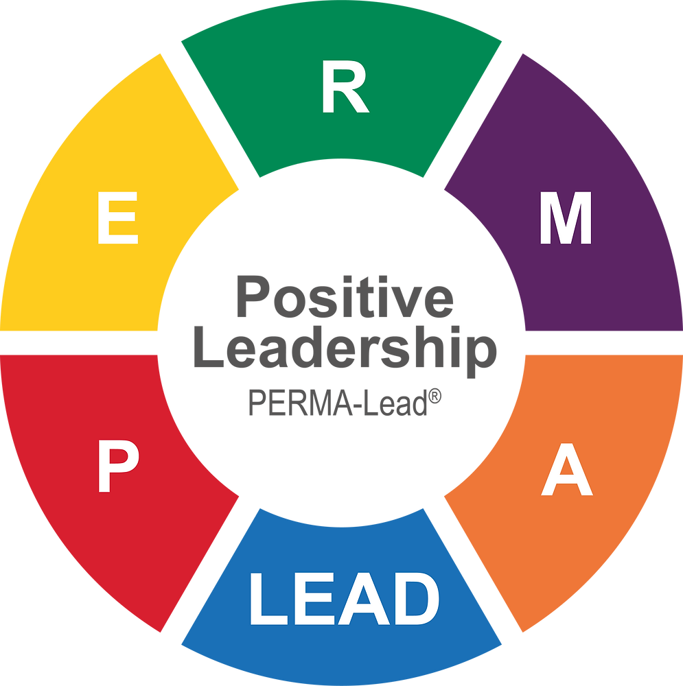 Colorful circular infographic with letters P, E, R, M, A, and LEAD around the words Positive Leadership PERMA-Lead.