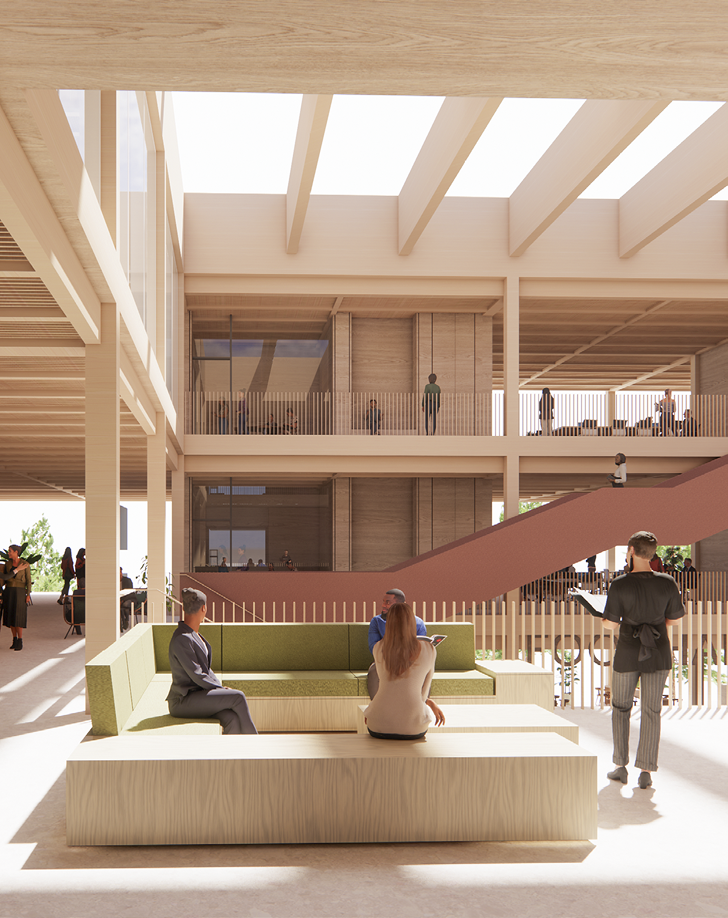 Moderne, lyst fleretasjes bygg med åpen trapp og mennesker som sitter og står ved minimalistiske møbler.