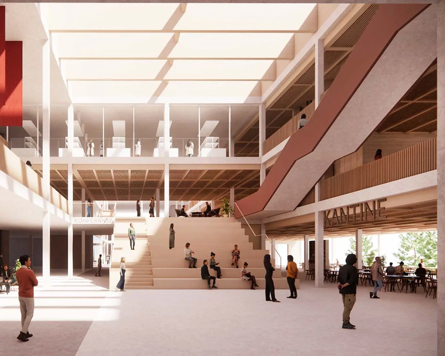 Moderne, lys fellesområde med trapper der folk sitter og står, glassvegger, samt kantineområde med bord og stoler.