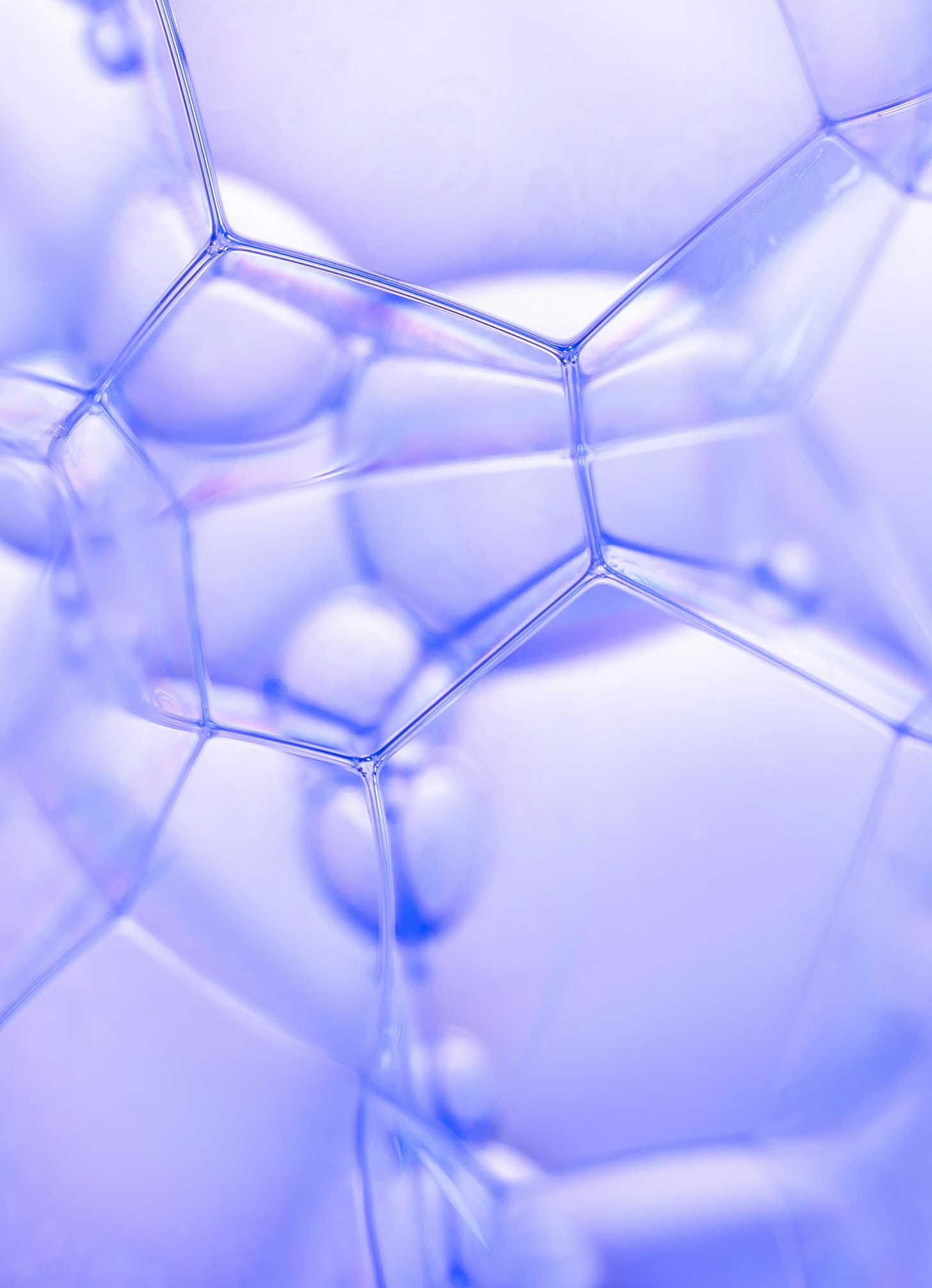 Nærbilde av gjennomsiktige såpebobler med blått lys.