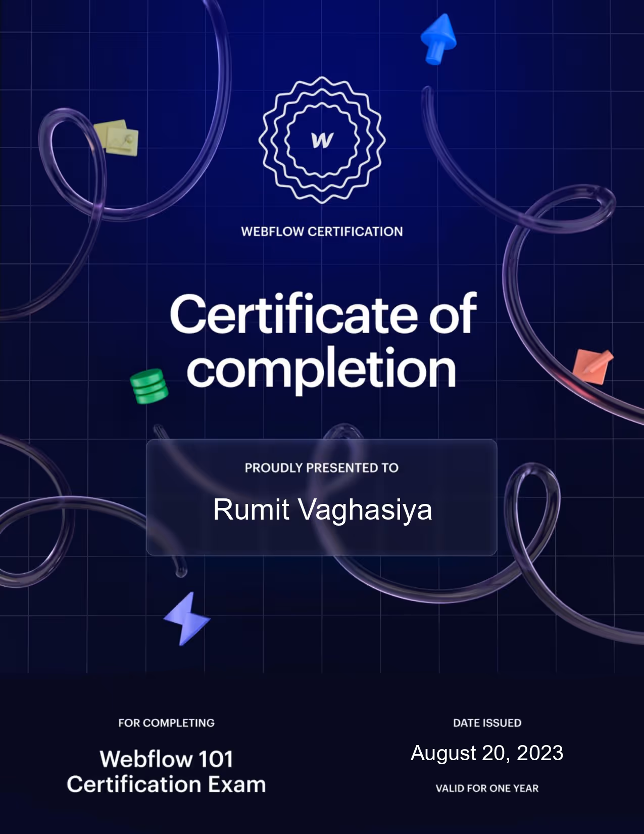 Webflow certificate of completion awarded to Rumit Vaghasia for completing Webflow 101 Certification Exam on August 20, 2023.