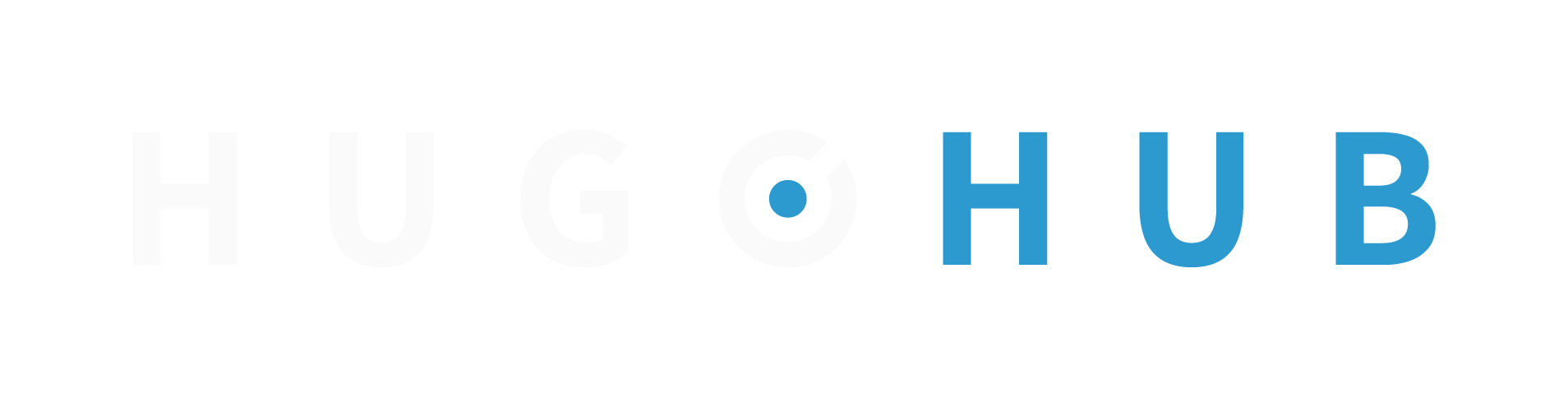 Logo text reading 'HUGO HUB' with the word HUGO in white and HUB in blue, featuring a circular design within the letter O