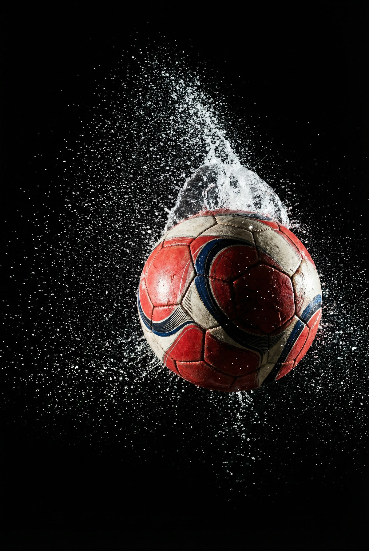 Red and black football surrounded by splashing water against a black background.