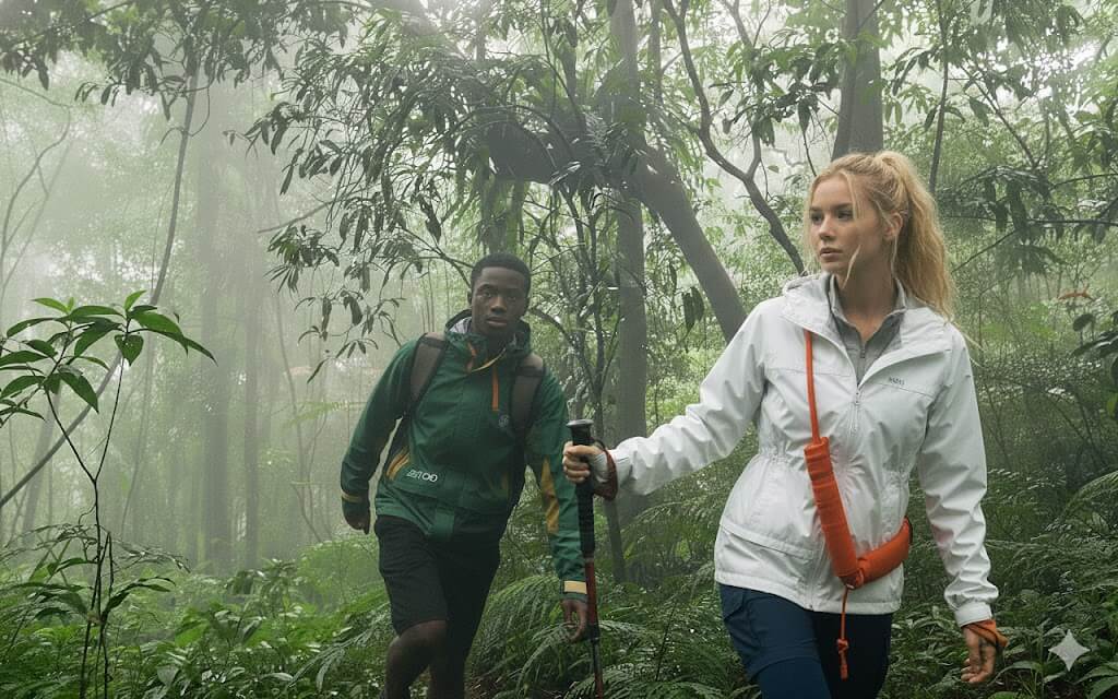 Two hikers walking through a misty forest, one woman in a white jacket holding a walking stick and a man in a green jacket following behind.
