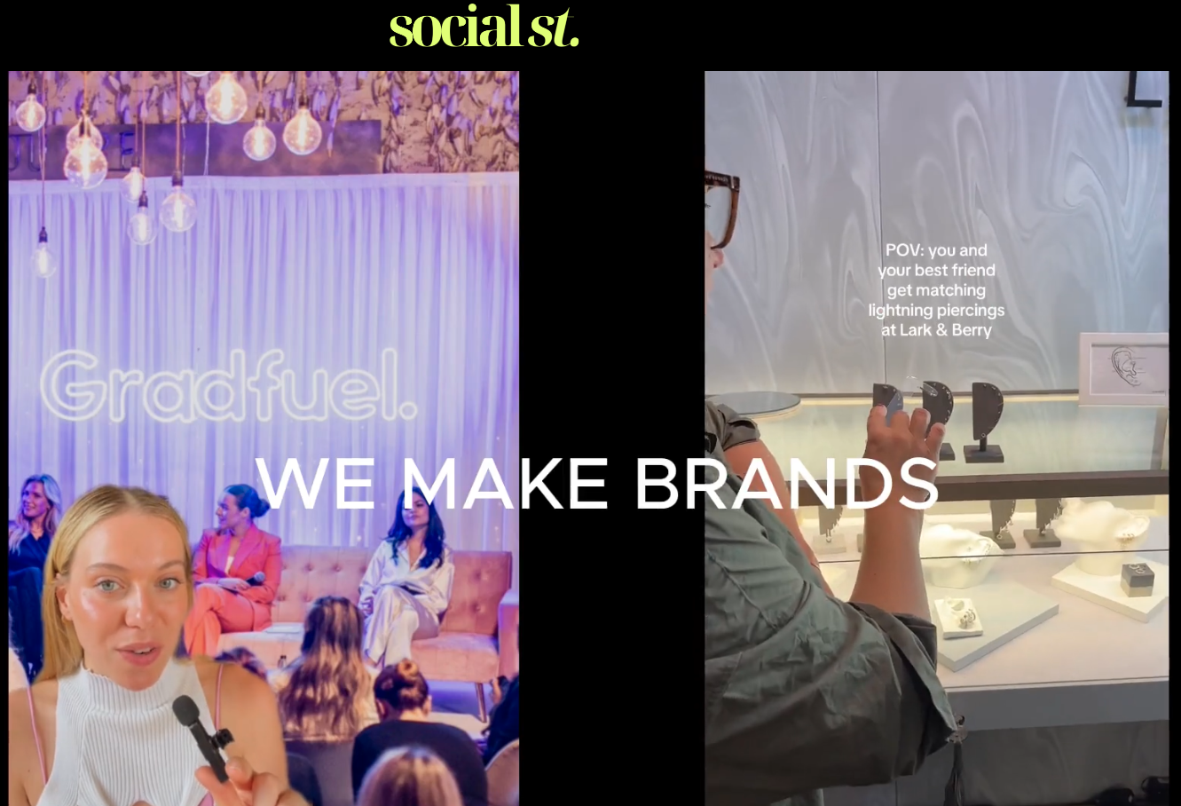 Split image with a woman speaking into a microphone in front of an audience on the left, and a person selecting earrings in a store on the right, with text 'WE MAKE BRANDS' across the center.