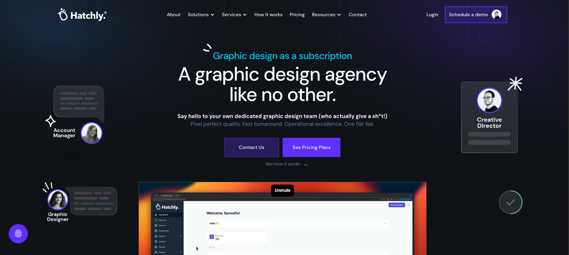 Hatchly website homepage showing a subscription graphic design service with team roles Account Manager, Graphic Designer, Creative Director, and buttons for Contact Us and See Pricing Plans.