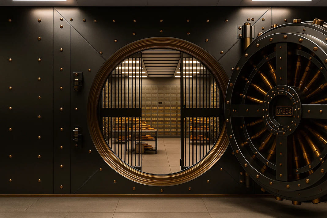 Open bank vault with a heavy metal door and grille, revealing shelves of gold bars inside
