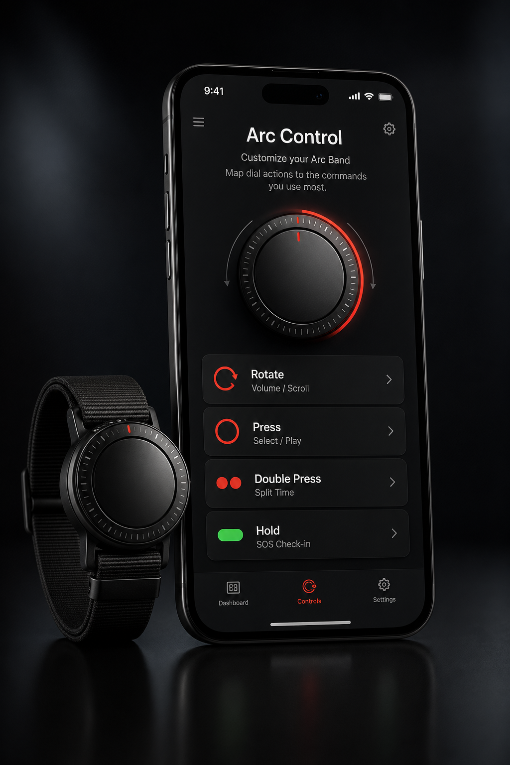 Arc Band companion app mockup showing dial action mappings