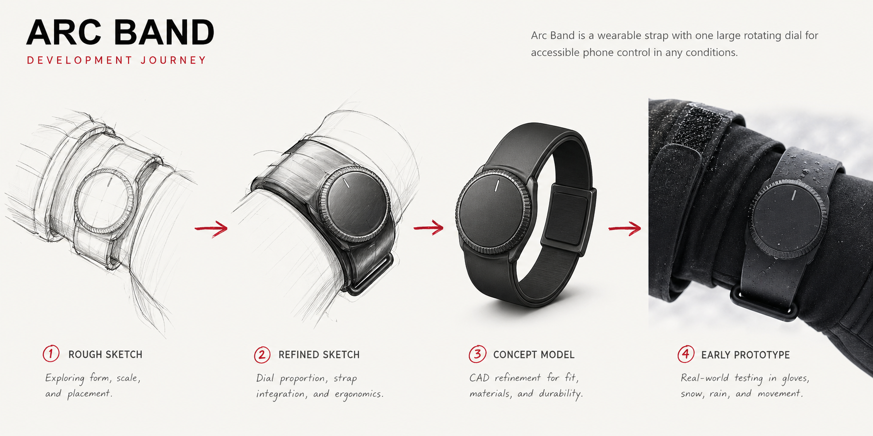 Arc Band sketch to prototype board showing development from concept to working wearable