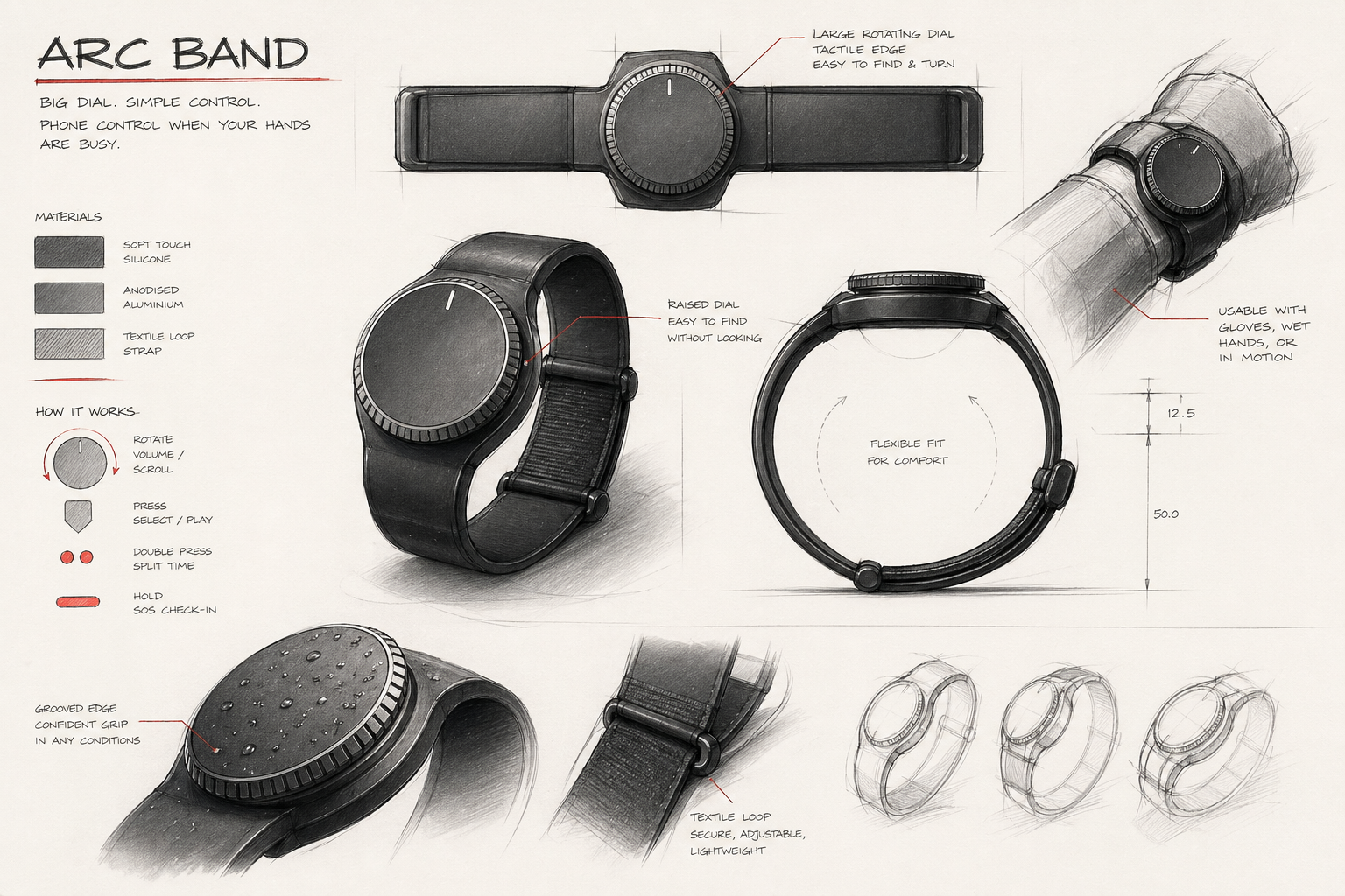 Hand drawn Arc Band concept sketch board showing dial strap ideas and product notes